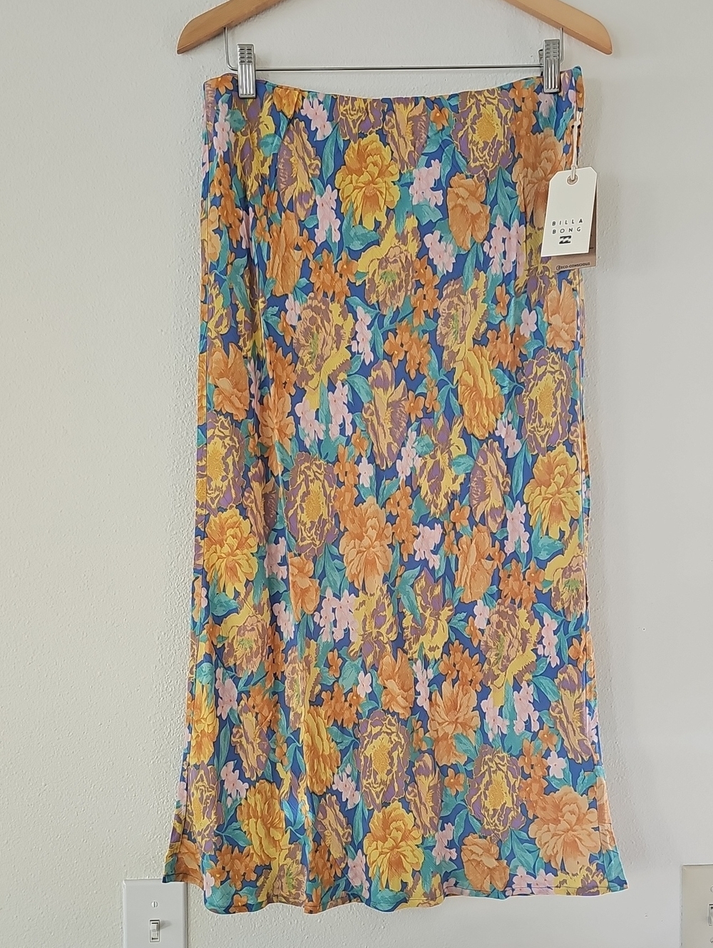 Billabong Summer Floral Viscose Midi Skirt in Blue and Mustard - Picture 2 of 13